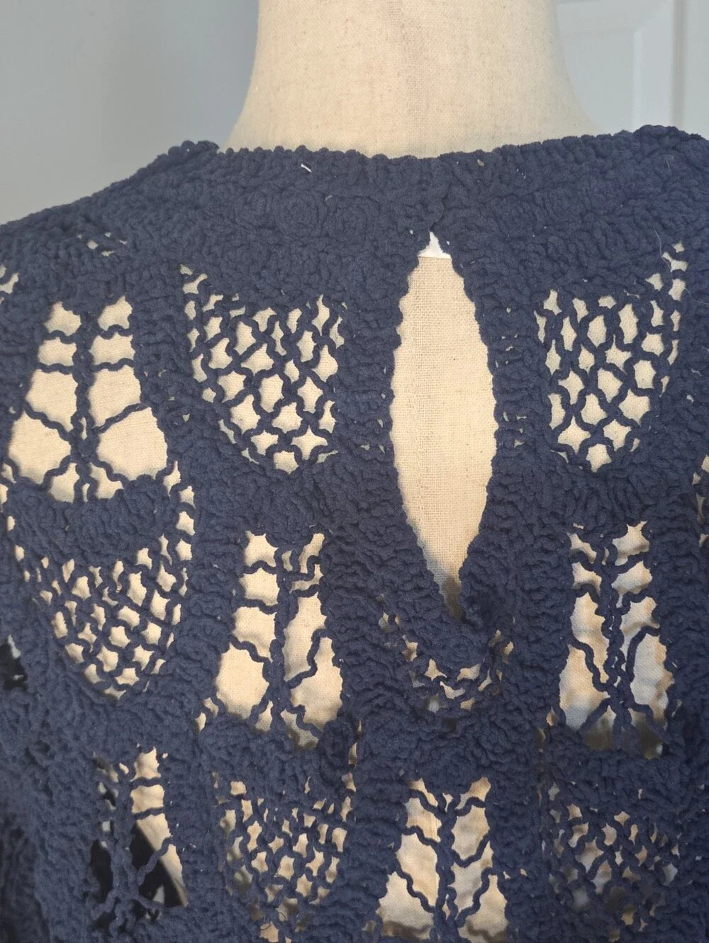 POL Navy Blue Crochet Sweater OS Open Knit Cotton Boho Scallop NWT